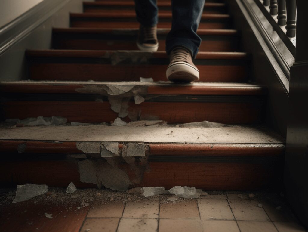 A person walking up some stairs with broken steps