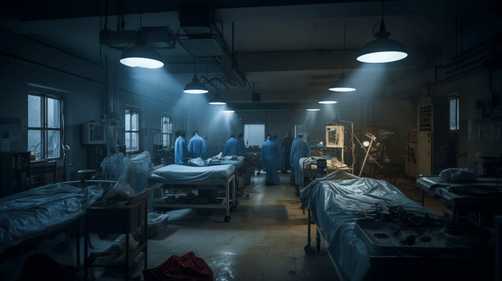 A hospital room with several beds and some doctors.
