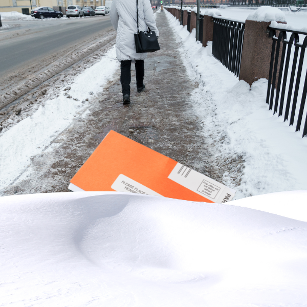 Cómo evitar multas por nieve: background persona caminando en la acera con nieve y delante una multa